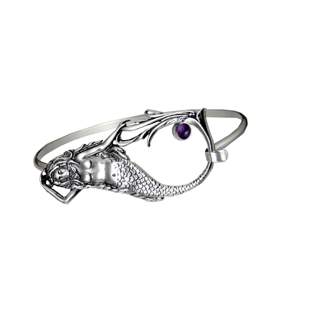 Sterling Silver Mermaid Strap Latch Spring Hook Bangle Bracelet With Amethyst